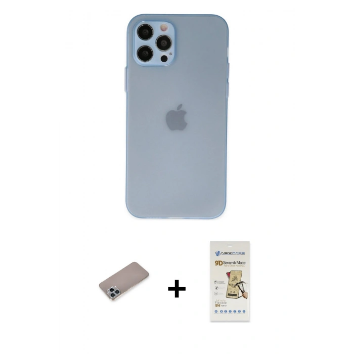 MARSİLYAN™- iPhone 12 Pro Max Kılıf Atlas Minimal Prime - Siyah Mat Seramik Nano Ekran Koruyucu + Sierra Blue Shine Kamera Lens Koruma Cam