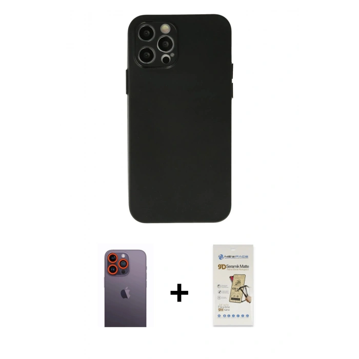 MARSİLYAN™- iPhone 12 Pro Max Kılıf Atlas Minimal Prime - Siyah Mat Seramik Nano Ekran Koruyucu + Neon Fosforlu Kamera Lens - TU