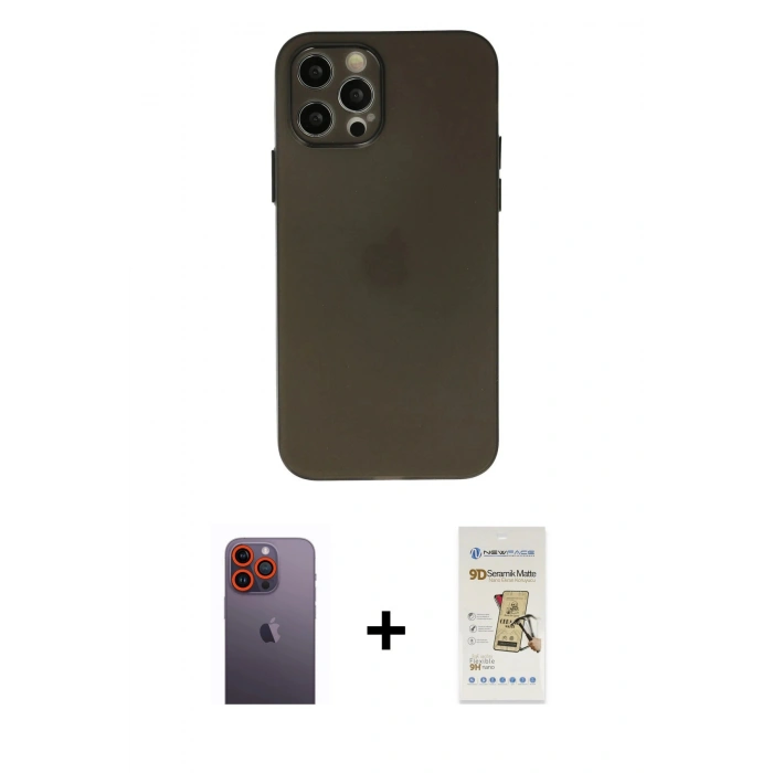 MARSİLYAN™- iPhone 12 Pro Max Kılıf Atlas Minimal Prime - Siyah Mat Seramik Nano Ekran Koruyucu + Neon Fosforlu Kamera Lens - TU