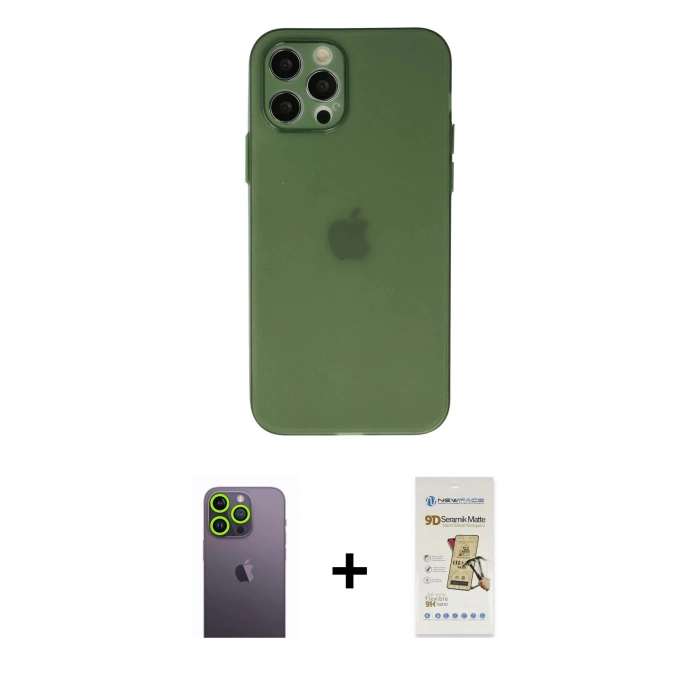 MARSİLYAN™- iPhone 12 Pro Max Kılıf Atlas Minimal Prime - Siyah Mat Seramik Nano Ekran Koruyucu + Neon Fosforlu Kamera Lens - YL