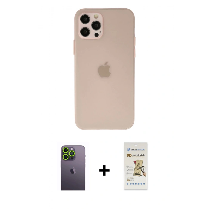 MARSİLYAN™- iPhone 12 Pro Max Kılıf Atlas Minimal Prime - Siyah Mat Seramik Nano Ekran Koruyucu + Neon Fosforlu Kamera Lens - YL