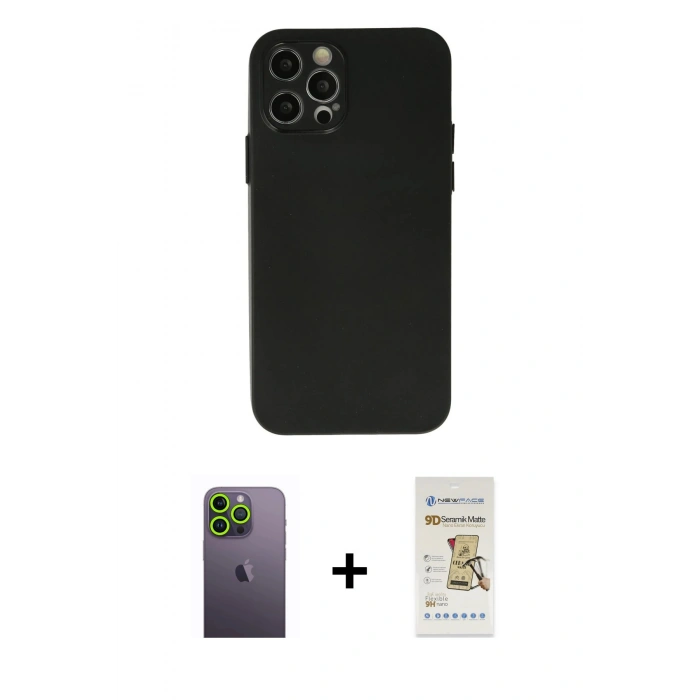 MARSİLYAN™- iPhone 12 Pro Max Kılıf Atlas Minimal Prime - Siyah Mat Seramik Nano Ekran Koruyucu + Neon Fosforlu Kamera Lens - YL