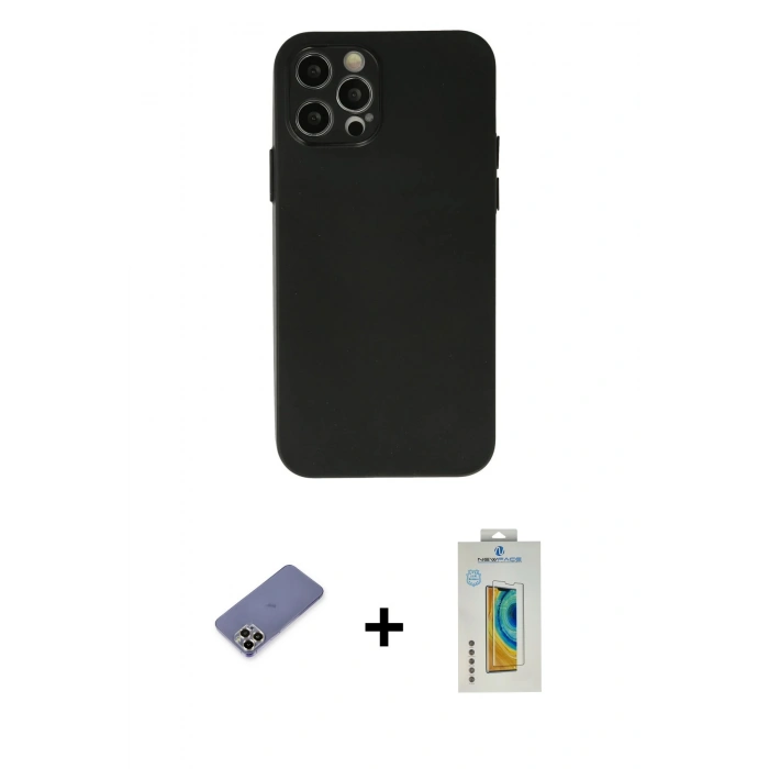 MARSİLYAN™- iPhone 12 Pro Max Kılıf Atlas Minimal Prime - Siyah Polymer Nano Ekran Koruyucu + Metal Kamera Lens Koruma Cam - GD
