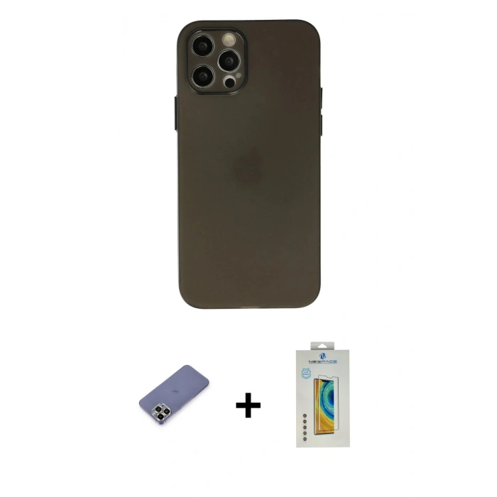 MARSİLYAN™- iPhone 12 Pro Max Kılıf Atlas Minimal Prime - Siyah Polymer Nano Ekran Koruyucu + Metal Kamera Lens Koruma Cam - GD