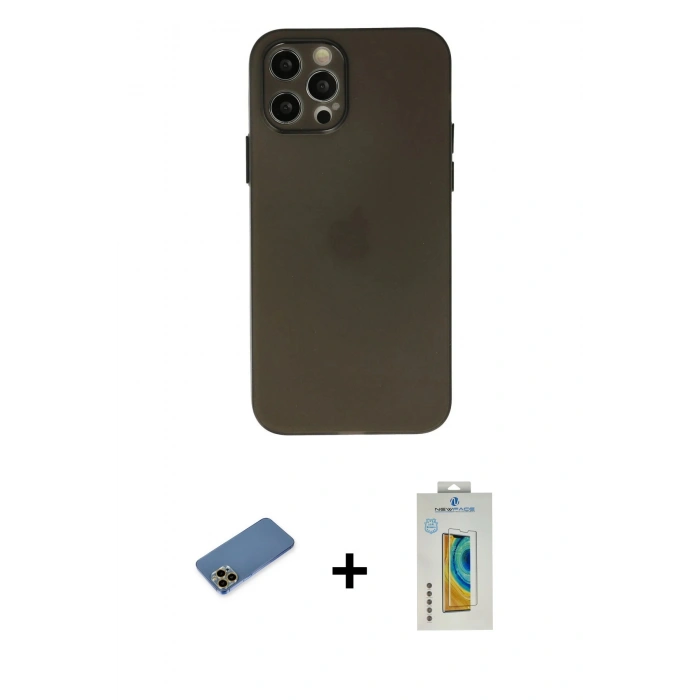 MARSİLYAN™- iPhone 12 Pro Max Kılıf Atlas Minimal Prime - Siyah Polymer Nano Ekran Koruyucu + Shine Kamera Lens Koruma Cam - GD