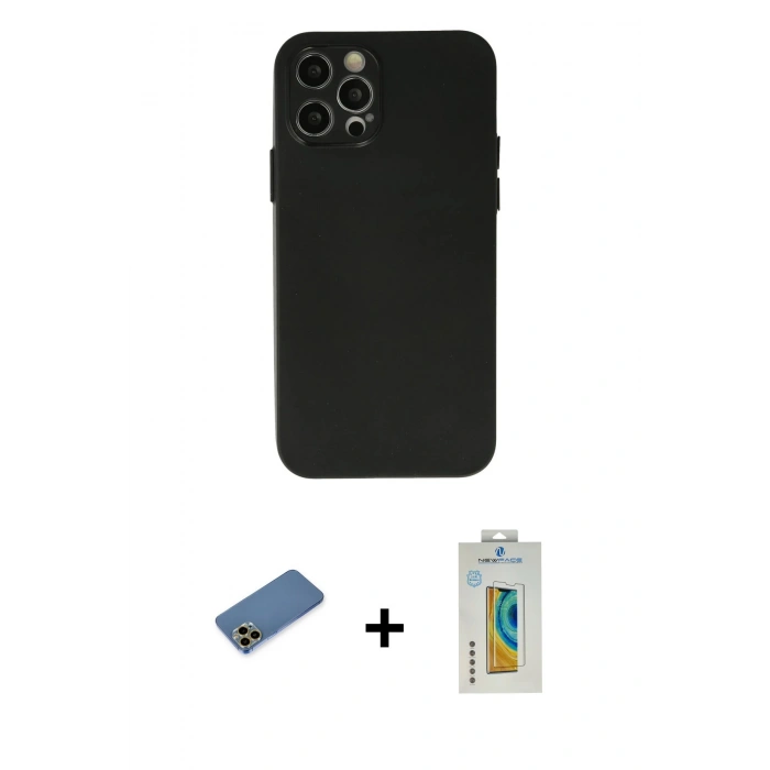 MARSİLYAN™- iPhone 12 Pro Max Kılıf Atlas Minimal Prime - Siyah Polymer Nano Ekran Koruyucu + Shine Kamera Lens Koruma Cam - GD