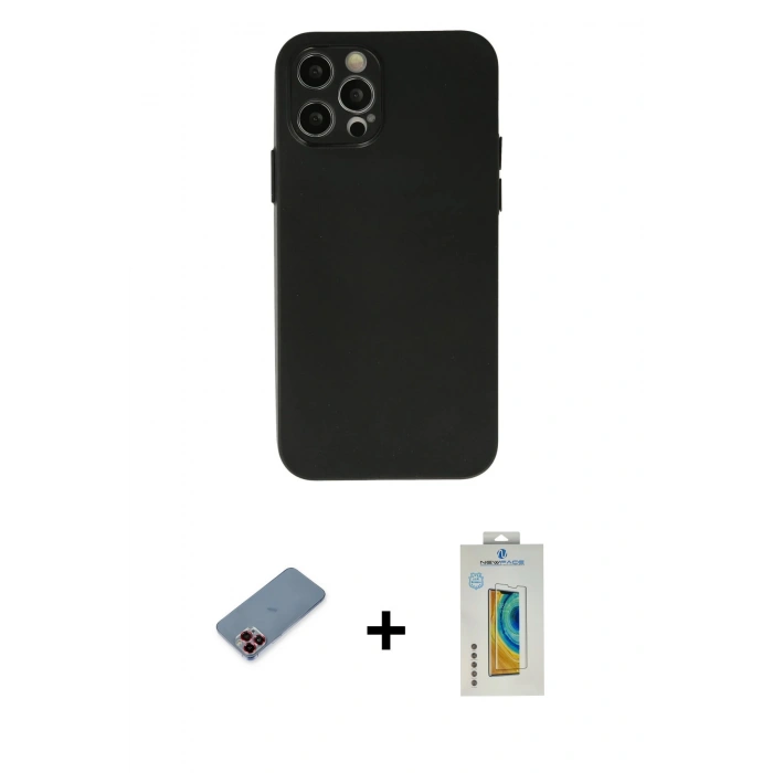MARSİLYAN™- iPhone 12 Pro Max Kılıf Atlas Minimal Prime - Siyah Polymer Nano Ekran Koruyucu + Metal Kamera Lens Koruma Cam - KI
