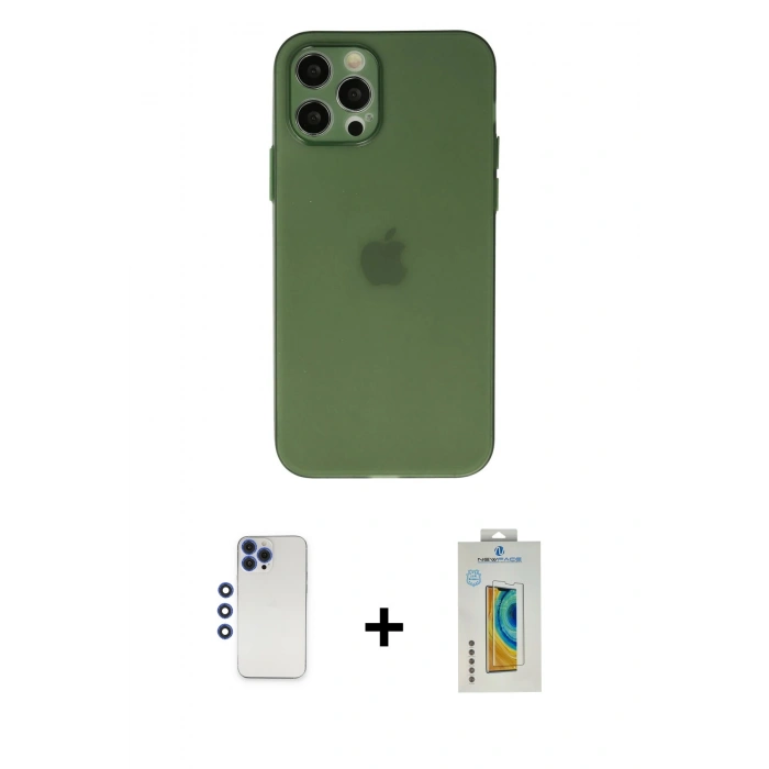 MARSİLYAN™- iPhone 12 Pro Max Kılıf Atlas Minimal Prime - Siyah Polymer Nano Ekran Koruyucu + Lacivert Shine Kamera Lens