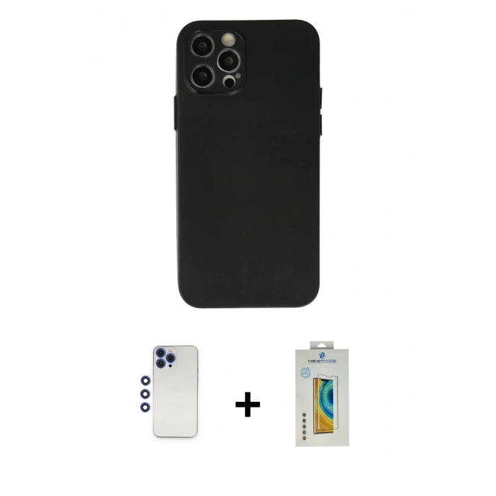 MARSİLYAN™- iPhone 12 Pro Max Kılıf Atlas Minimal Prime - Siyah Polymer Nano Ekran Koruyucu + Lacivert Shine Kamera Lens