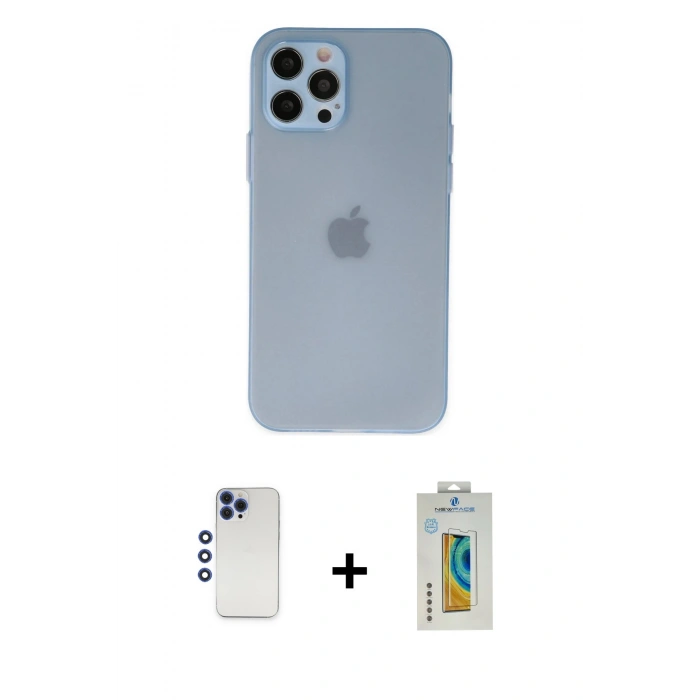 MARSİLYAN™- iPhone 12 Pro Max Kılıf Atlas Minimal Prime - Siyah Polymer Nano Ekran Koruyucu + Lacivert Shine Kamera Lens