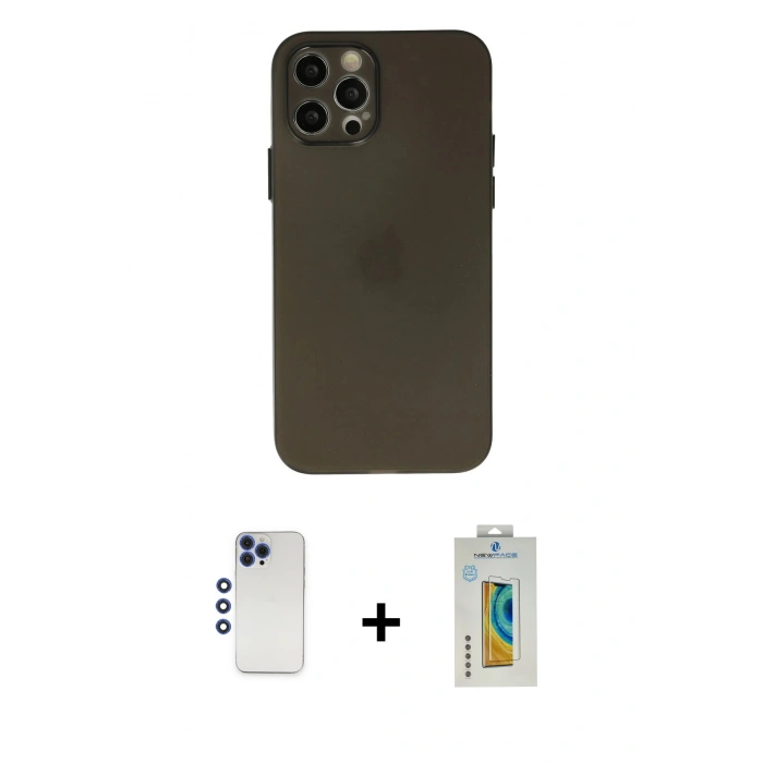 MARSİLYAN™- iPhone 12 Pro Max Kılıf Atlas Minimal Prime - Siyah Polymer Nano Ekran Koruyucu + Lacivert Shine Kamera Lens