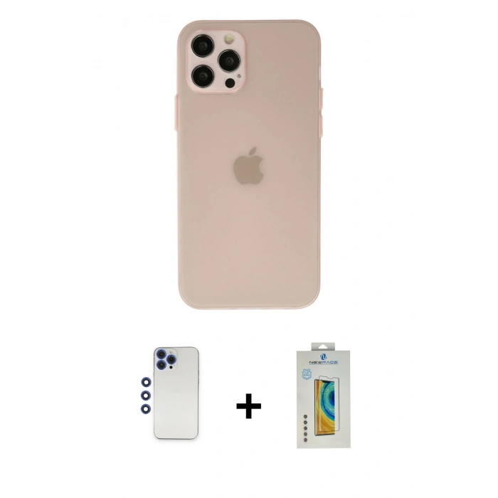 MARSİLYAN™- iPhone 12 Pro Max Kılıf Atlas Minimal Prime - Siyah Polymer Nano Ekran Koruyucu + Lacivert Shine Kamera Lens