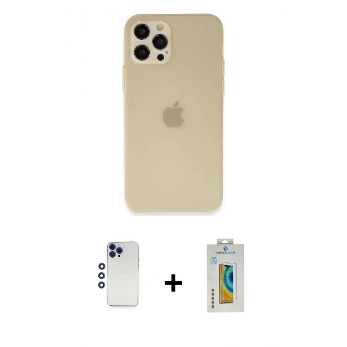 MARSİLYAN™- iPhone 12 Pro Max Kılıf Atlas Minimal Prime - Siyah Polymer Nano Ekran Koruyucu + Lacivert Shine Kamera Lens
