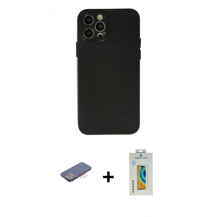 MARSİLYAN™- iPhone 12 Pro Max Kılıf Atlas Minimal Prime - Siyah Polymer Nano Ekran Koruyucu + Renkli Kamera Lens Koruma Cam - MI