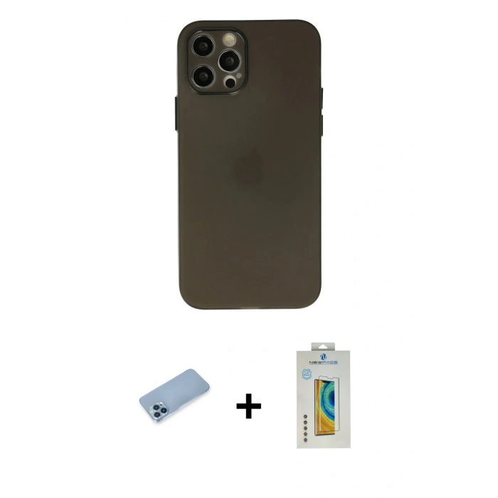 MARSİLYAN™- iPhone 12 Pro Max Kılıf Atlas Minimal Prime - Siyah Polymer Nano Ekran Koruyucu + Shine Kamera Lens Koruma Cam - MI