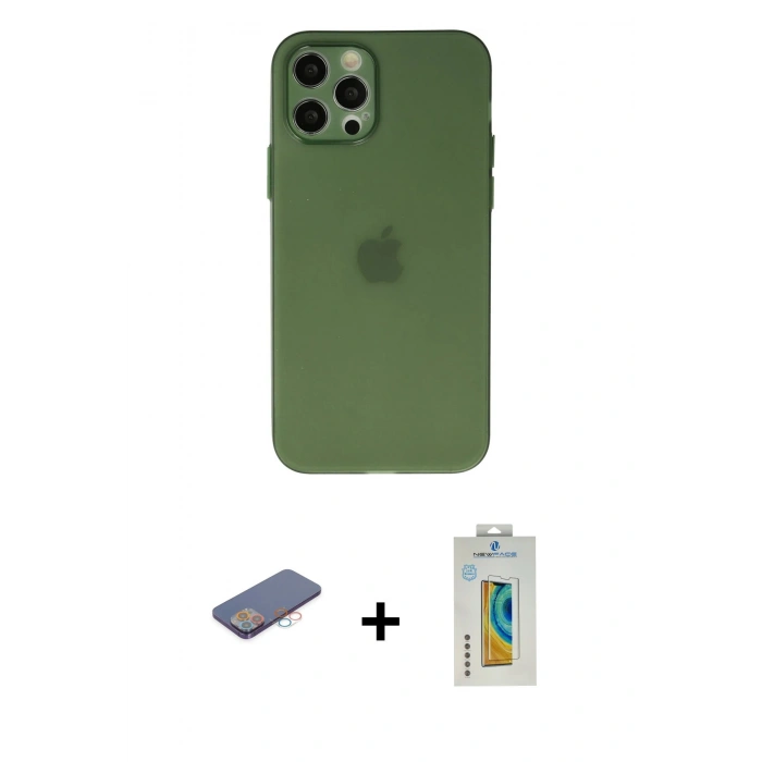 MARSİLYAN™- iPhone 12 Pro Max Kılıf Atlas Minimal Prime - Siyah Polymer Nano Ekran Koruyucu + Pembe Renkli Kamera Lens Koruma Cam