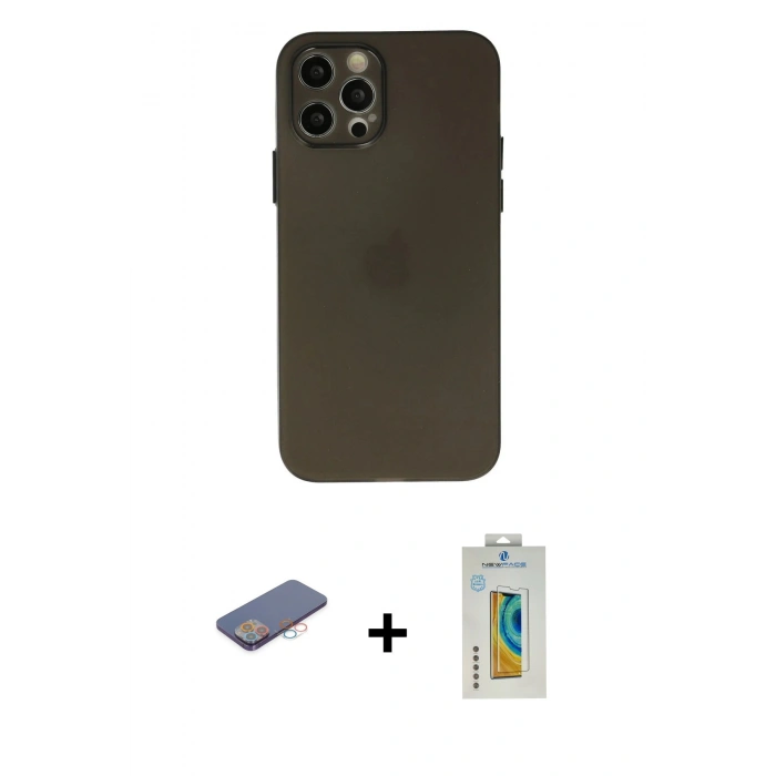 MARSİLYAN™- iPhone 12 Pro Max Kılıf Atlas Minimal Prime - Siyah Polymer Nano Ekran Koruyucu + Pembe Renkli Kamera Lens Koruma Cam