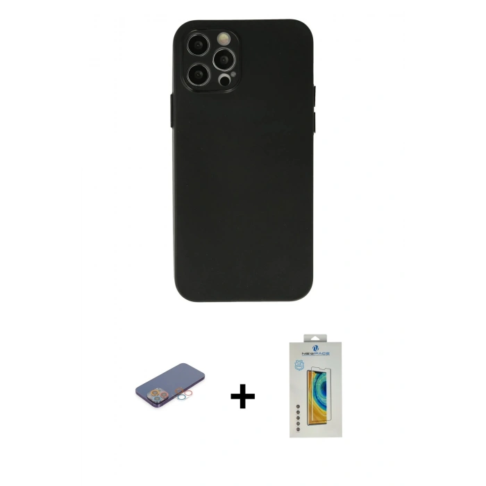 MARSİLYAN™- iPhone 12 Pro Max Kılıf Atlas Minimal Prime - Siyah Polymer Nano Ekran Koruyucu + Pembe Renkli Kamera Lens Koruma Cam
