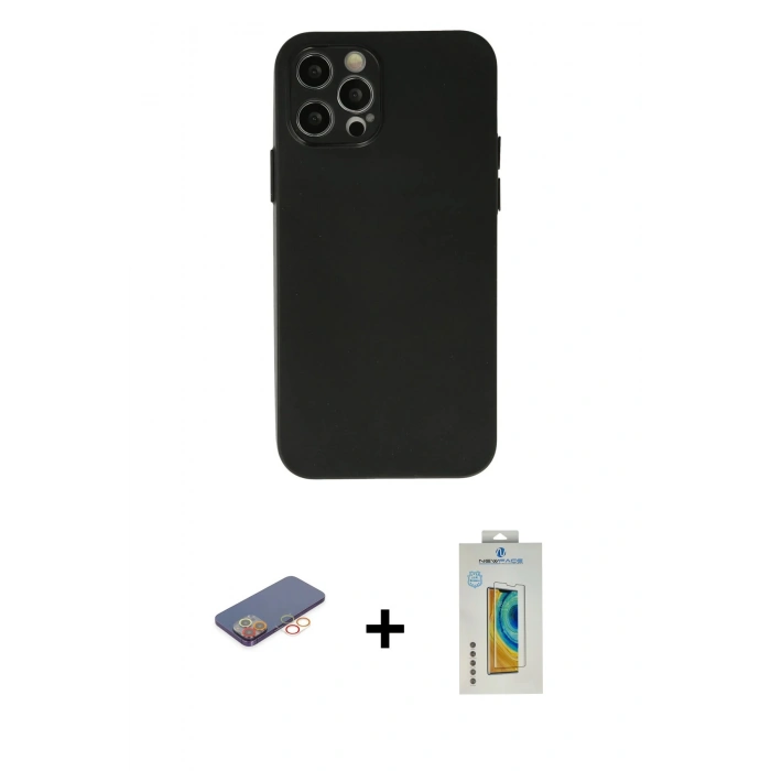 MARSİLYAN™- iPhone 12 Pro Max Kılıf Atlas Minimal Prime - Siyah Polymer Nano Ekran Koruyucu + Renkli Kamera Lens Koruma Cam - TU
