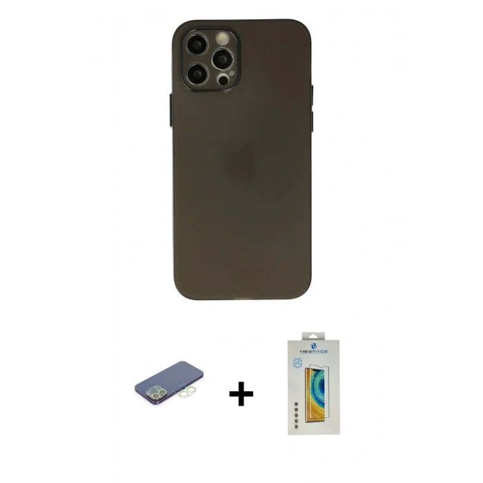 MARSİLYAN™- iPhone 12 Pro Max Kılıf Atlas Minimal Prime - Siyah Polymer Nano Ekran Koruyucu + Renkli Kamera Lens Koruma Cam - YL