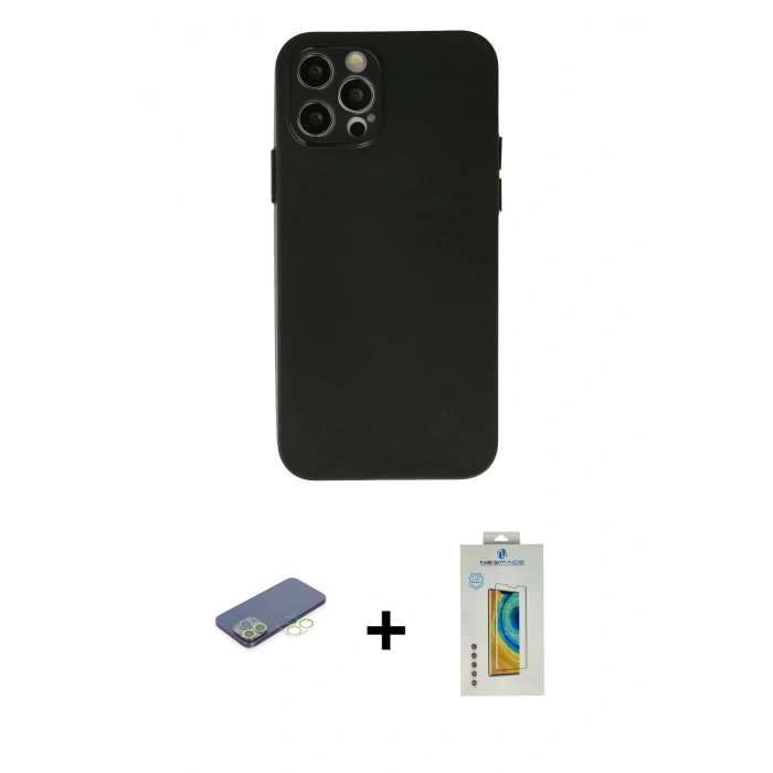 MARSİLYAN™- iPhone 12 Pro Max Kılıf Atlas Minimal Prime - Siyah Polymer Nano Ekran Koruyucu + Renkli Kamera Lens Koruma Cam - YL