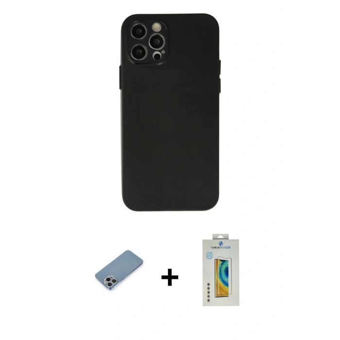 MARSİLYAN™- iPhone 12 Pro Max Kılıf Atlas Minimal Prime - Siyah Polymer Nano Ekran Koruyucu + Shine Kamera Lens Koruma Cam - GI