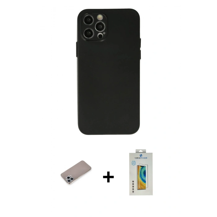 MARSİLYAN™- iPhone 12 Pro Max Kılıf Atlas Minimal Prime - Siyah Polymer Nano Ekran Koruyucu + Shine Kamera Lens Koruma Cam - SABE