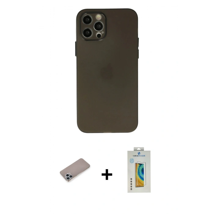 MARSİLYAN™- iPhone 12 Pro Max Kılıf Atlas Minimal Prime - Siyah Polymer Nano Ekran Koruyucu + Shine Kamera Lens Koruma Cam - SABE