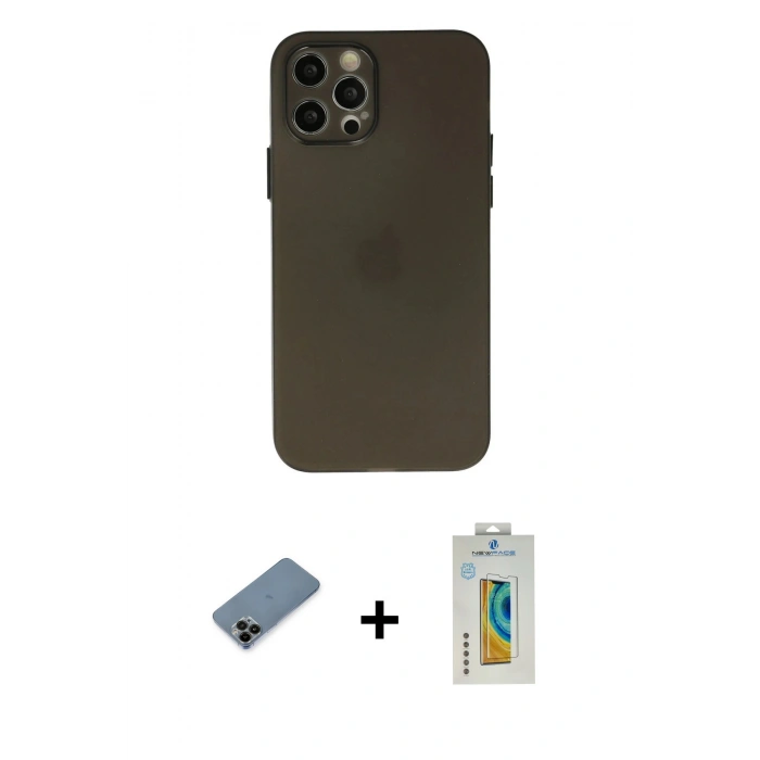 MARSİLYAN™- iPhone 12 Pro Max Kılıf Atlas Minimal Prime - Siyah Polymer Nano Ekran Koruyucu + Siyah Shine Kamera Lens Koruma Cam