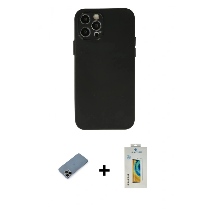MARSİLYAN™- iPhone 12 Pro Max Kılıf Atlas Minimal Prime - Siyah Polymer Nano Ekran Koruyucu + Siyah Shine Kamera Lens Koruma Cam