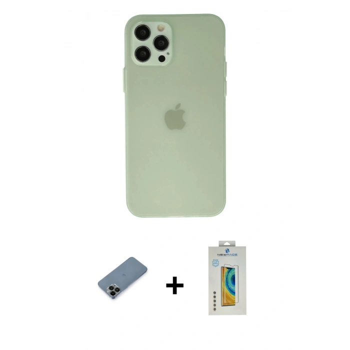 MARSİLYAN™- iPhone 12 Pro Max Kılıf Atlas Minimal Prime - Siyah Polymer Nano Ekran Koruyucu + Siyah Shine Kamera Lens Koruma Cam