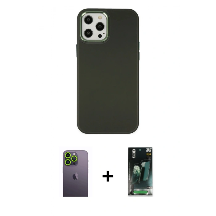 MARSİLYAN™- iPhone 12 Pro Max Kılıf Çekirdek Çizgi - Şeffaf 360 Full Body Arka Koruyucu + Neon Fosforlu Kamera Lens - YL
