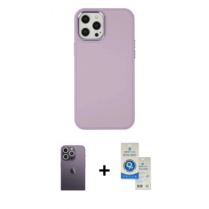 MARSİLYAN™- iPhone 12 Pro Max Kılıf Çekirdek Çizgi - Şeffaf Royal Nano Ekran Koruyucu + Neon Fosforlu Kamera Lens - BZ