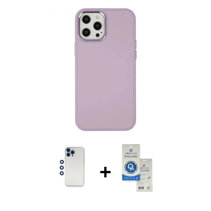 MARSİLYAN™- iPhone 12 Pro Max Kılıf Çekirdek Çizgi - Şeffaf Royal Nano Ekran Koruyucu + Shine Kamera Lens - LT