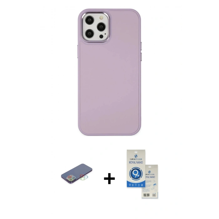 MARSİLYAN™- iPhone 12 Pro Max Kılıf Çekirdek Çizgi - Şeffaf Royal Nano Ekran Koruyucu + Renkli Kamera Lens Koruma Cam - MI