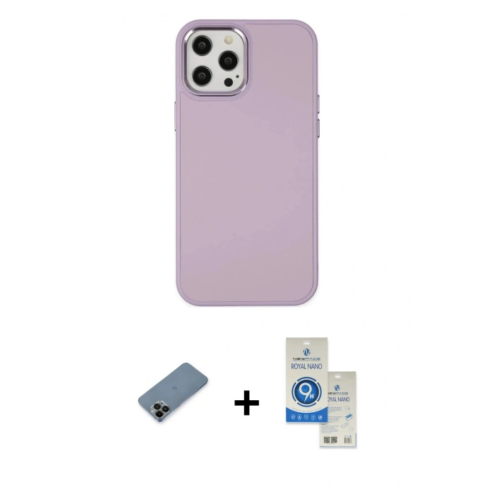 MARSİLYAN™- iPhone 12 Pro Max Kılıf Çekirdek Çizgi - Şeffaf Royal Nano Ekran Koruyucu + Shine Kamera Lens Koruma Cam - SH