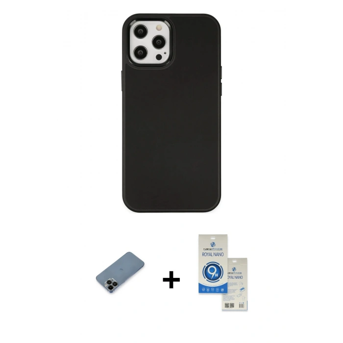 MARSİLYAN™- iPhone 12 Pro Max Kılıf Çekirdek Çizgi - Şeffaf Royal Nano Ekran Koruyucu + Shine Kamera Lens Koruma Cam - SH