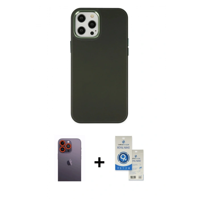 MARSİLYAN™- iPhone 12 Pro Max Kılıf Çekirdek Çizgi - Şeffaf Royal Nano Ekran Koruyucu + Neon Fosforlu Kamera Lens - TU