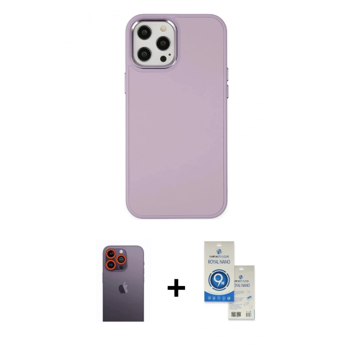 MARSİLYAN™- iPhone 12 Pro Max Kılıf Çekirdek Çizgi - Şeffaf Royal Nano Ekran Koruyucu + Neon Fosforlu Kamera Lens - TU