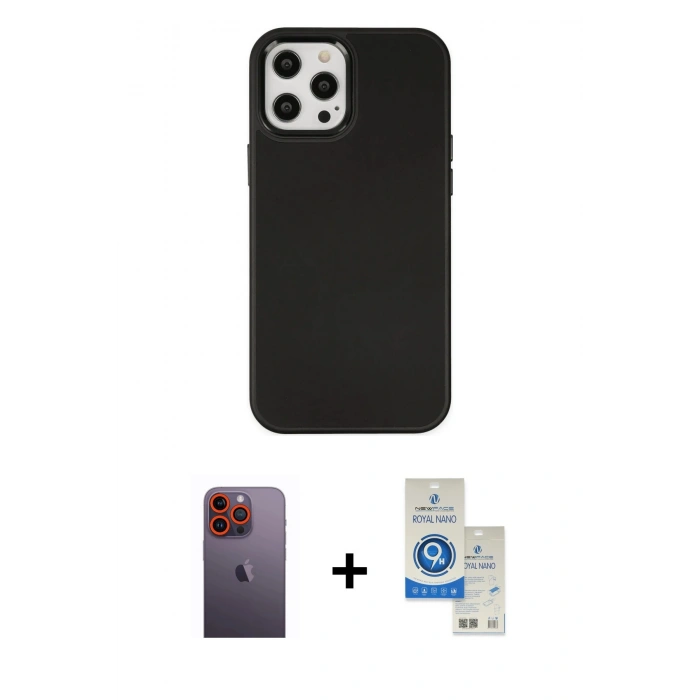 MARSİLYAN™- iPhone 12 Pro Max Kılıf Çekirdek Çizgi - Şeffaf Royal Nano Ekran Koruyucu + Neon Fosforlu Kamera Lens - TU