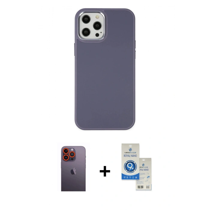 MARSİLYAN™- iPhone 12 Pro Max Kılıf Çekirdek Çizgi - Şeffaf Royal Nano Ekran Koruyucu + Neon Fosforlu Kamera Lens - TU