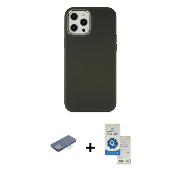 MARSİLYAN™- iPhone 12 Pro Max Kılıf Çekirdek Çizgi - Şeffaf Royal Nano Ekran Koruyucu + Renkli Kamera Lens Koruma Cam - YL