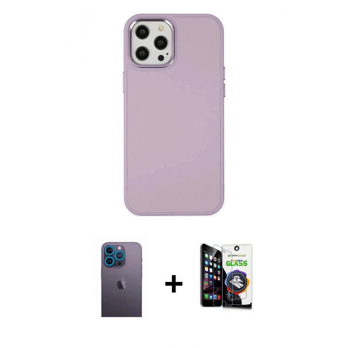 MARSİLYAN™- iPhone 12 Pro Max Kılıf Çekirdek Çizgi - Şeffaf Temperli Cam Ekran Koruyucu + Mavi Neon Fosforlu Kamera Lens