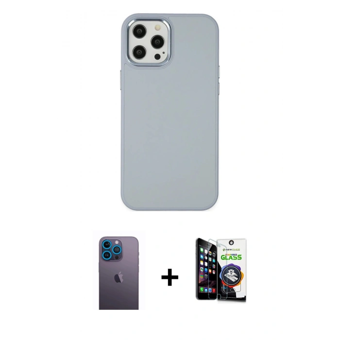 MARSİLYAN™- iPhone 12 Pro Max Kılıf Çekirdek Çizgi - Şeffaf Temperli Cam Ekran Koruyucu + Mavi Neon Fosforlu Kamera Lens