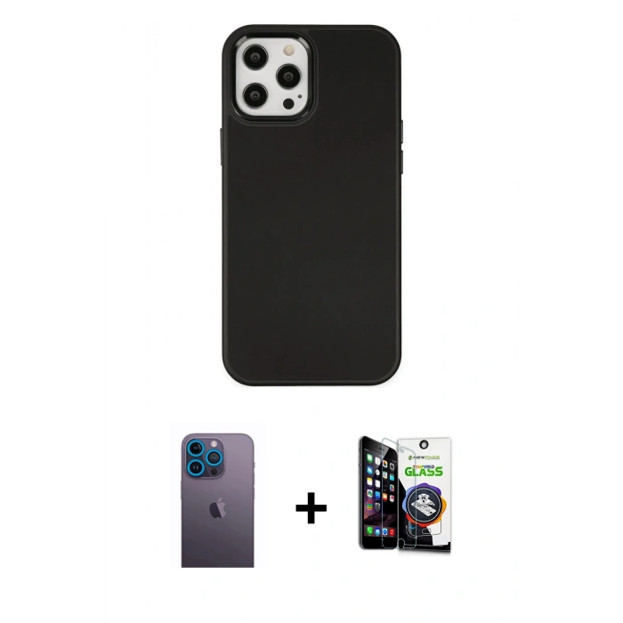 MARSİLYAN™- iPhone 12 Pro Max Kılıf Çekirdek Çizgi - Şeffaf Temperli Cam Ekran Koruyucu + Mavi Neon Fosforlu Kamera Lens