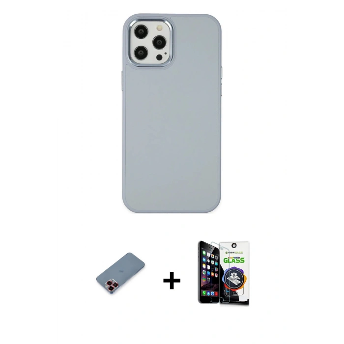 MARSİLYAN™- iPhone 12 Pro Max Kılıf Çekirdek Çizgi - Şeffaf Temperli Cam Ekran Koruyucu + Metal Kamera Lens Koruma Cam - KI