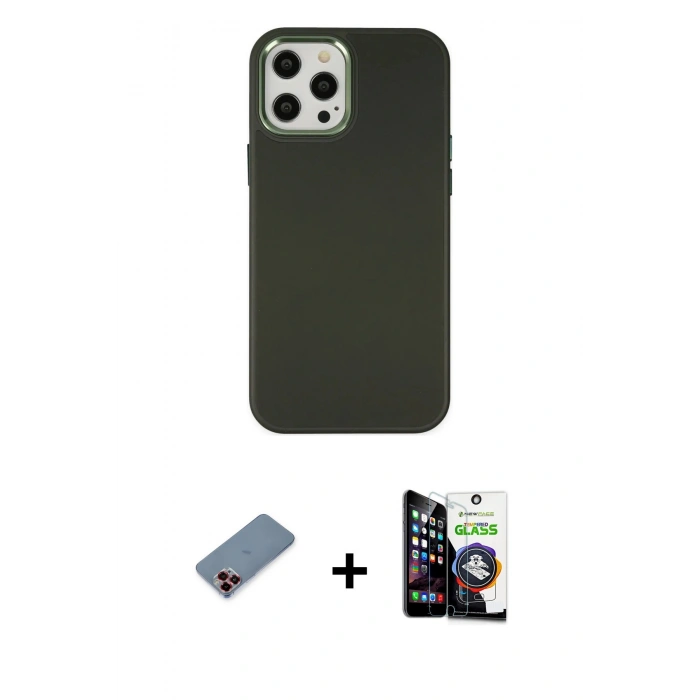 MARSİLYAN™- iPhone 12 Pro Max Kılıf Çekirdek Çizgi - Şeffaf Temperli Cam Ekran Koruyucu + Metal Kamera Lens Koruma Cam - KI