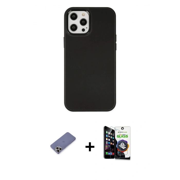 MARSİLYAN™- iPhone 12 Pro Max Kılıf Çekirdek Çizgi - Şeffaf Temperli Cam Ekran Koruyucu + Metal Kamera Lens Koruma Cam - GD