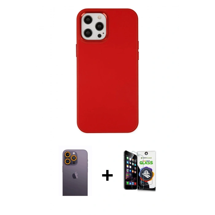 MARSİLYAN™- iPhone 12 Pro Max Kılıf Çekirdek Çizgi - Şeffaf Temperli Cam Ekran Koruyucu + Neon Fosforlu Kamera Lens - SI
