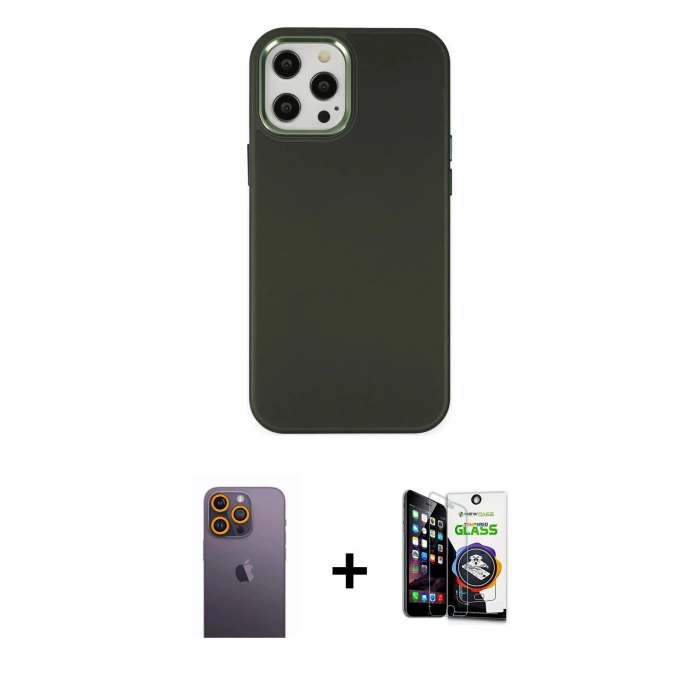 MARSİLYAN™- iPhone 12 Pro Max Kılıf Çekirdek Çizgi - Şeffaf Temperli Cam Ekran Koruyucu + Neon Fosforlu Kamera Lens - SI